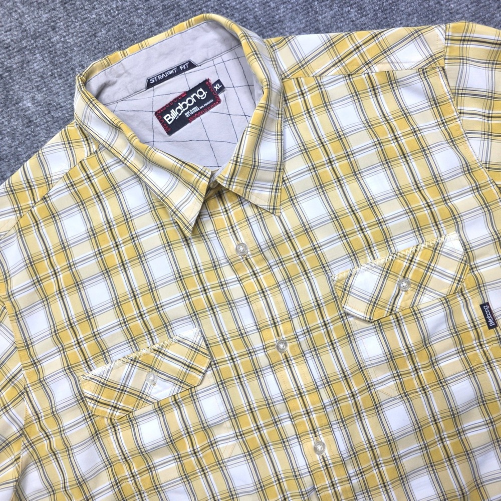 Billabong Men's XL Yellow Straight Fit Plaid Short Sleeve Button Up Shirt Surf